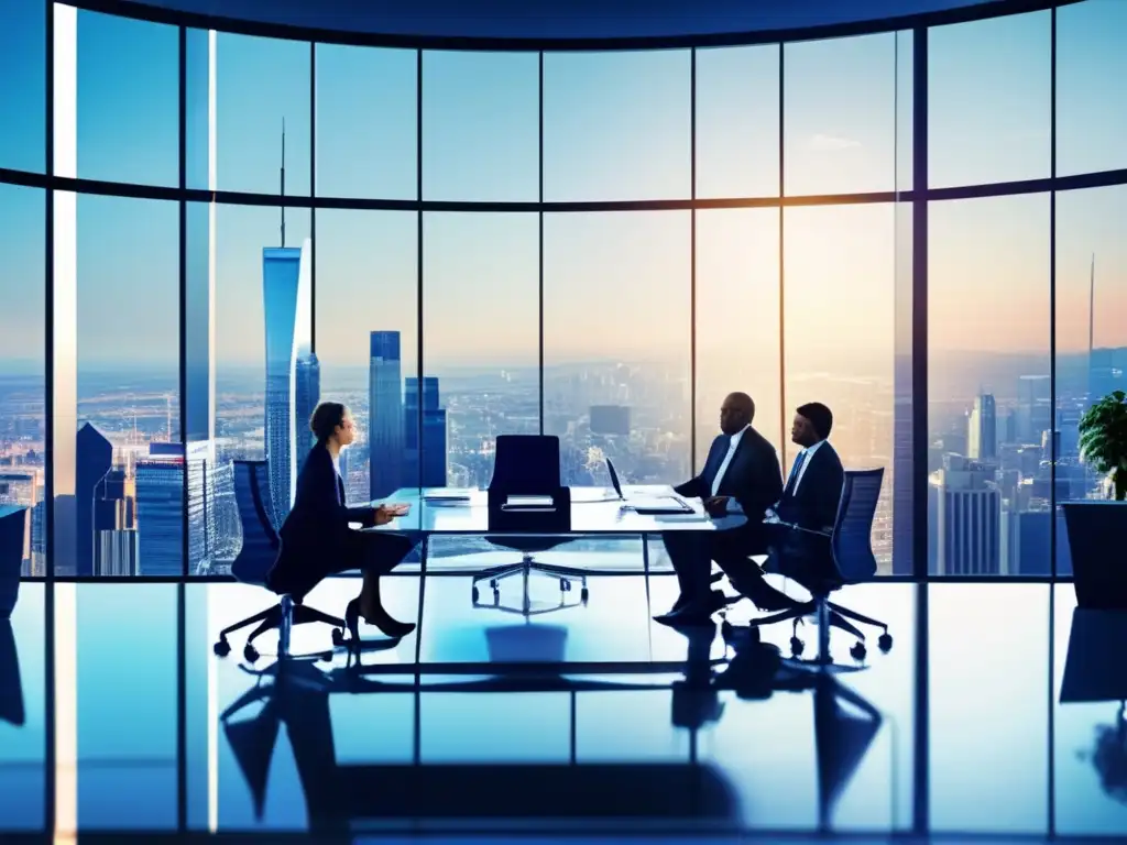 Profesionales estratégicos en una oficina moderna Oficina moderna con vista a la ciudad, profesionales en discusión estratégica y gráficos económicos