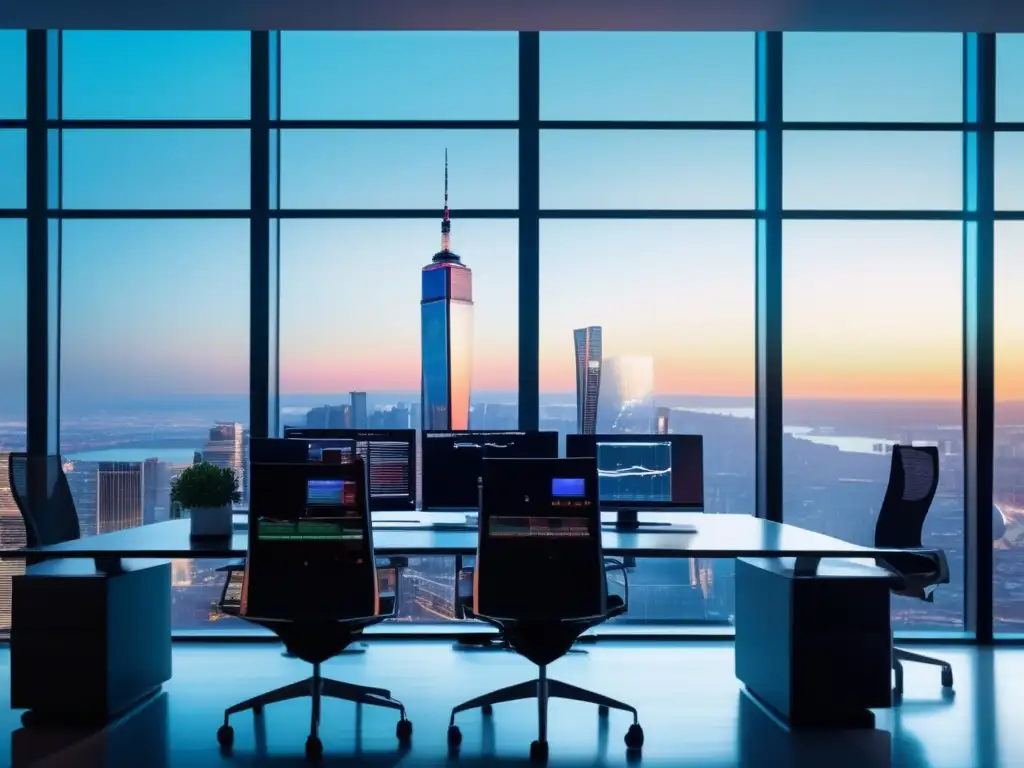 Oficina moderna con vista panorámica Oficina moderna con vista impresionante y profesionales analizando indicadores venta acciones tecnológicas
