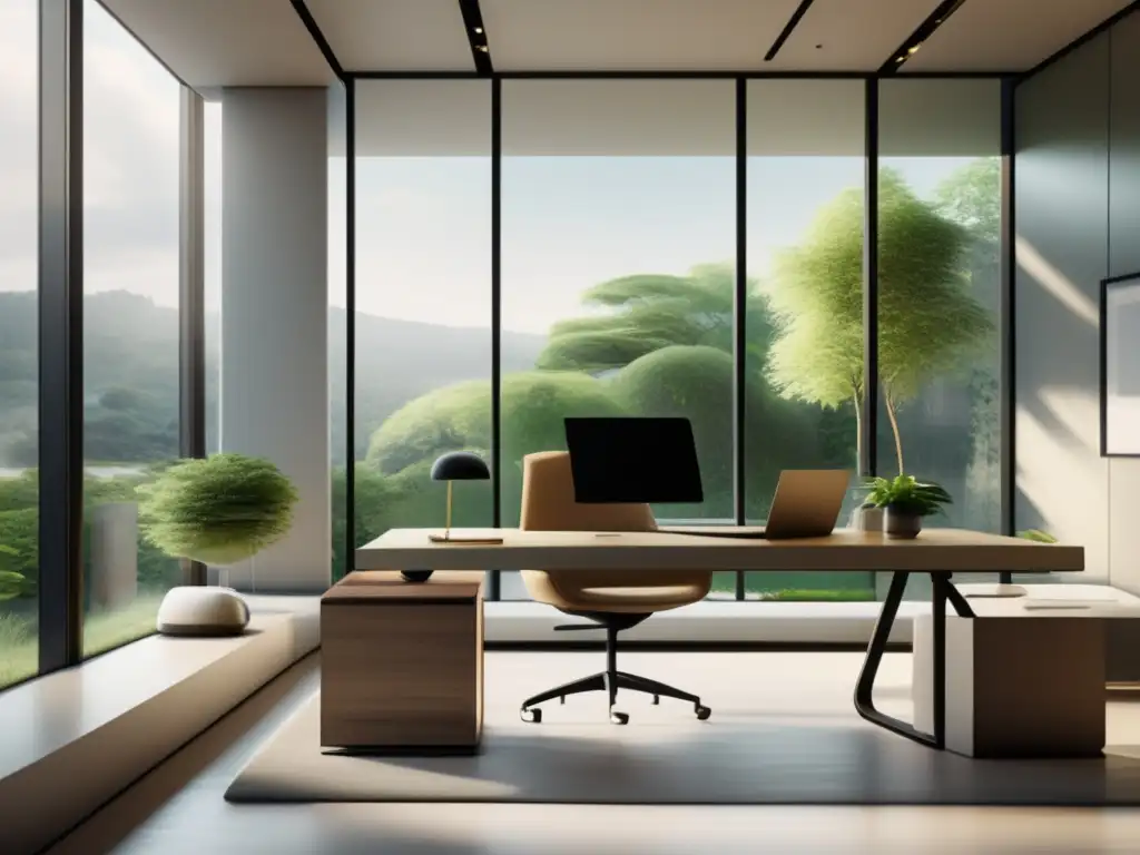 Espacio de oficina moderno y sereno con vista a la naturaleza Oficina moderna con vista a un paisaje verde, promoviendo la tranquilidad y la concentración