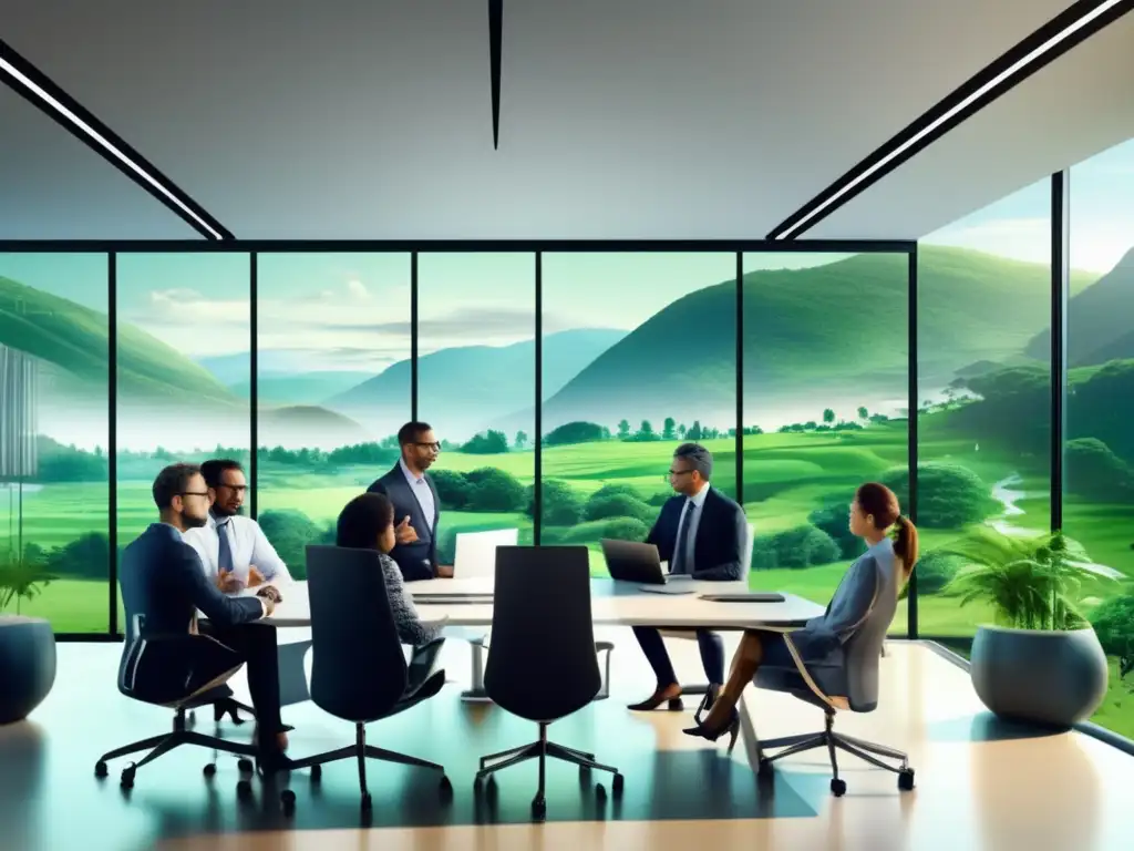 Oficina moderna y sostenible con profesionales discutiendo (50 caracteres) Oficina moderna con vista a un paisaje verde