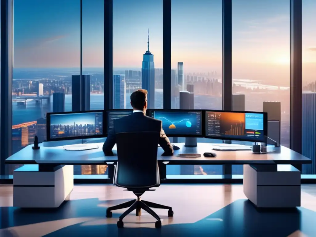 Oficina moderna con vista a la ciudad Oficina moderna con vista panorámica de la ciudad y plataforma de trading - Estrategias de inversión en Penny Stocks