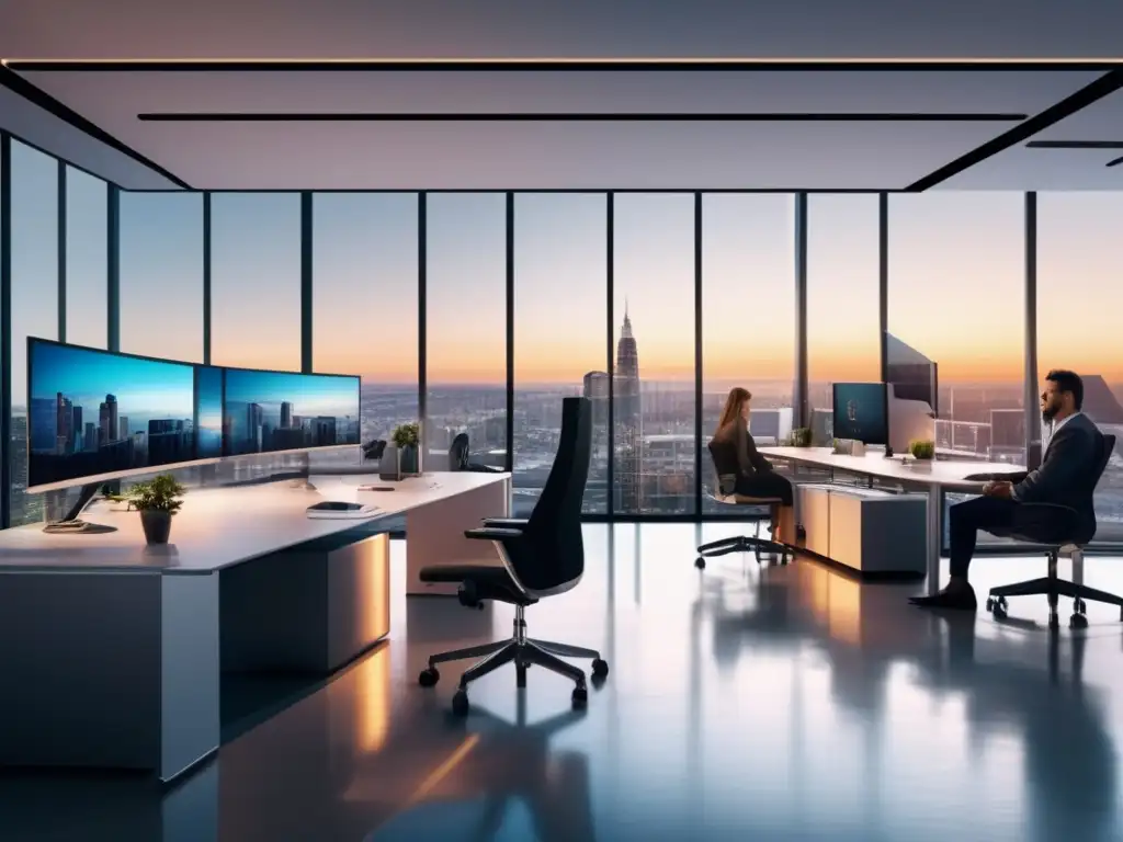 Oficina moderna con vista panorámica Oficina moderna con vista panorámica de una ciudad en Transformación Digital en Inversiones Financieras