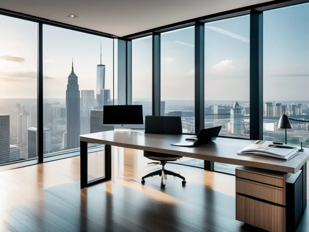 Oficina moderna con vista panorámica Oficina moderna con vista panorámica a la ciudad, mobiliario minimalista y acreditaciones financieras reconocidas