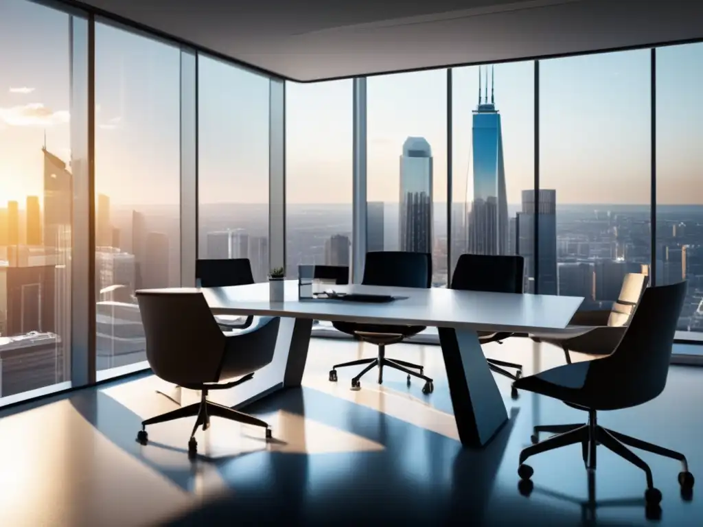 Oficina moderna con vista a la ciudad Oficina moderna con vista panorámica y muebles minimalistas, ideal para leer informes financieros eficientemente