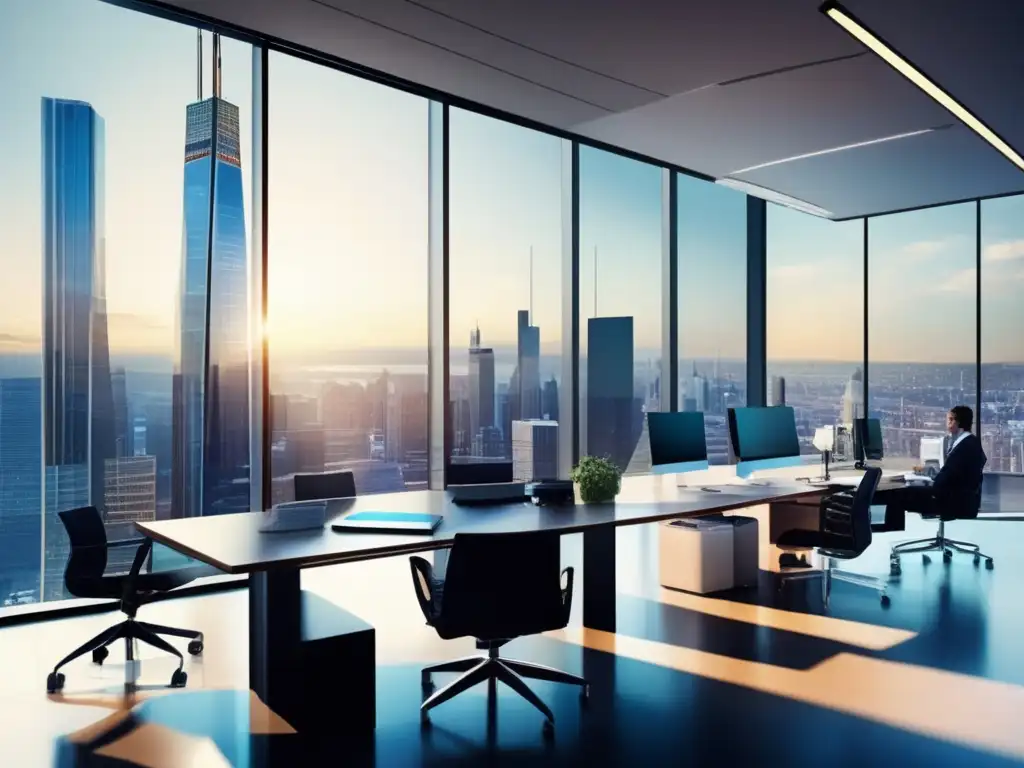 Oficina moderna con profesionales analizando datos Oficina moderna con vista panorámica de distrito financiero