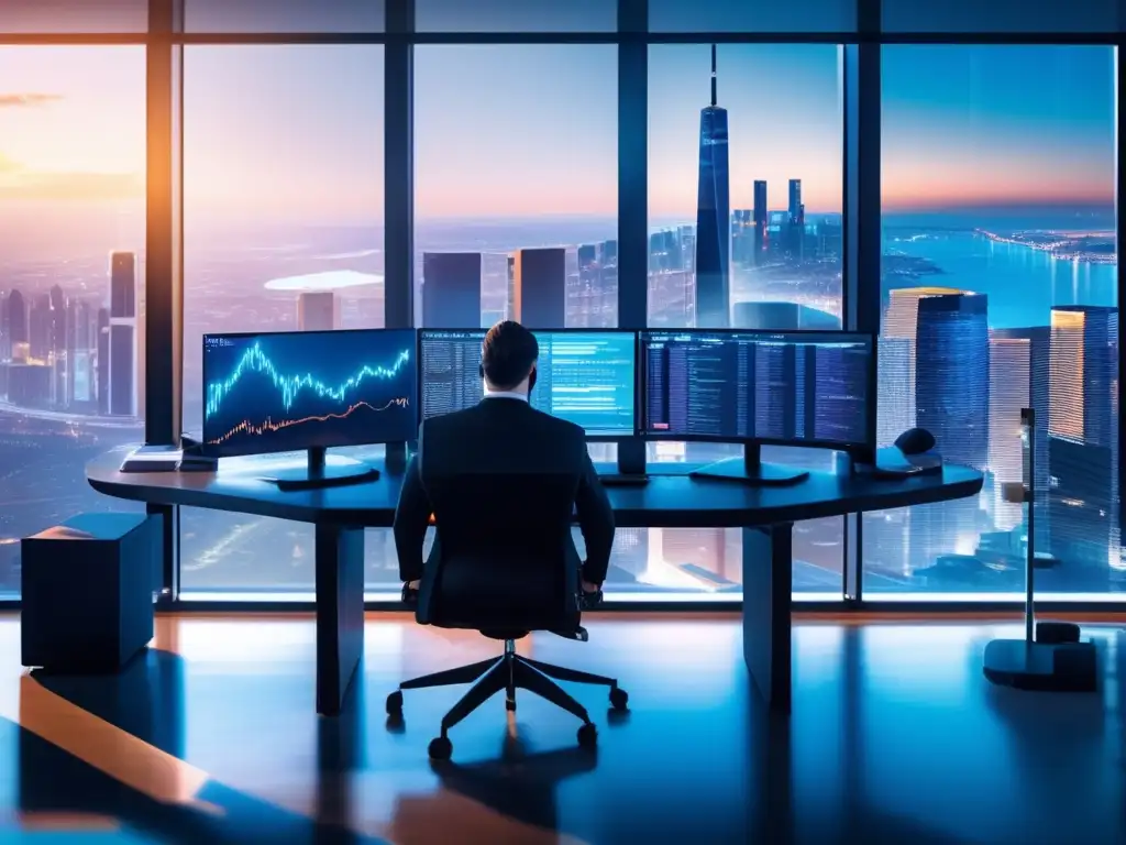 Oficina moderna con vista panorámica de la ciudad Oficina moderna con vista panorámica de la ciudad, un oficial de cumplimiento analiza regulaciones de criptomonedas