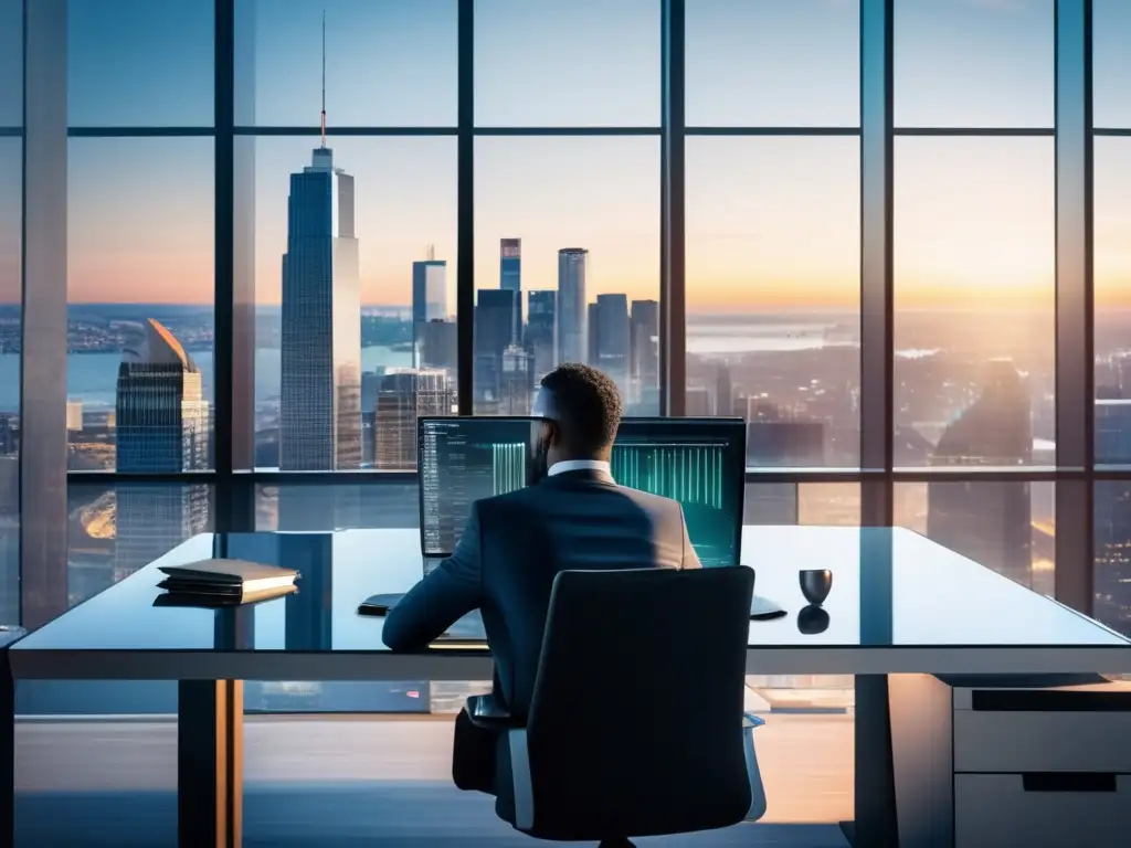 Oficina moderna con vista panorámica y documentos legales Oficina moderna con vista panorámica de la ciudad y documentos de inversión inmobiliaria
