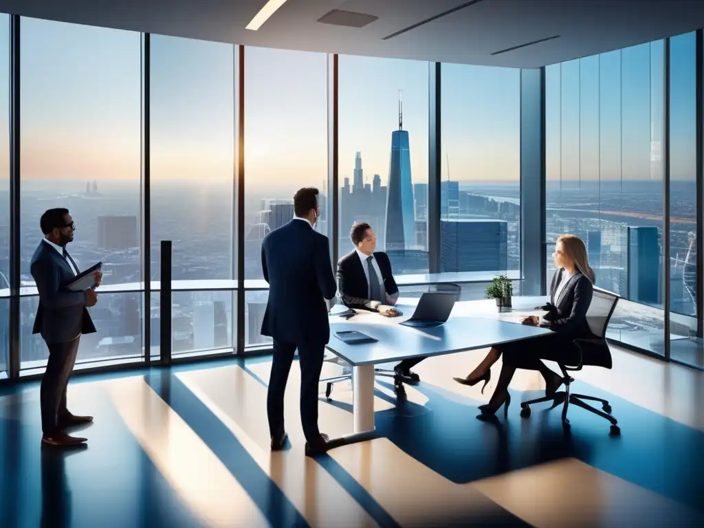 Oficina moderna con profesionales financieros Oficina moderna con vista panorámica de la ciudad y profesionales realizando evaluación fundamental de empresas antes de invertir