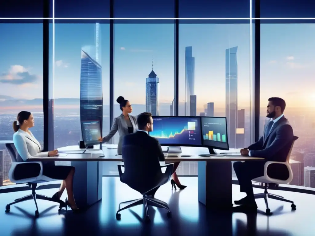 Oficina moderna con profesionales analizando Oficina moderna con vista panorámica de ciudad