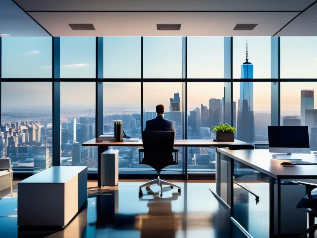 Oficina moderna con vista panorámica de ciudad Oficina moderna con vista panorámica de ciudad con profesionales trabajando y decoración minimalista - Indicadores económicos para inversores