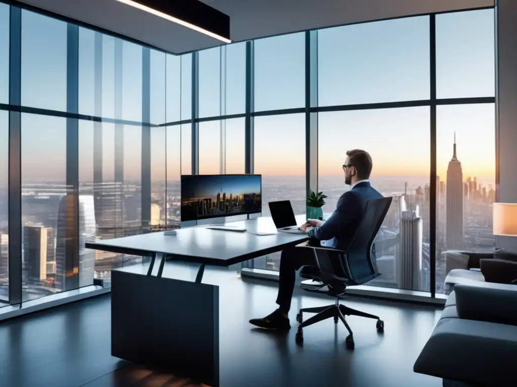 Oficina moderna con vista panorámica de la ciudad Oficina moderna con vista panorámica de ciudad y asesor financiero analizando informes