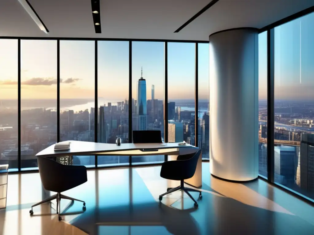 Oficina moderna con vista panorámica Oficina moderna con vista panorámica de la ciudad y plataforma de inversión automatizada