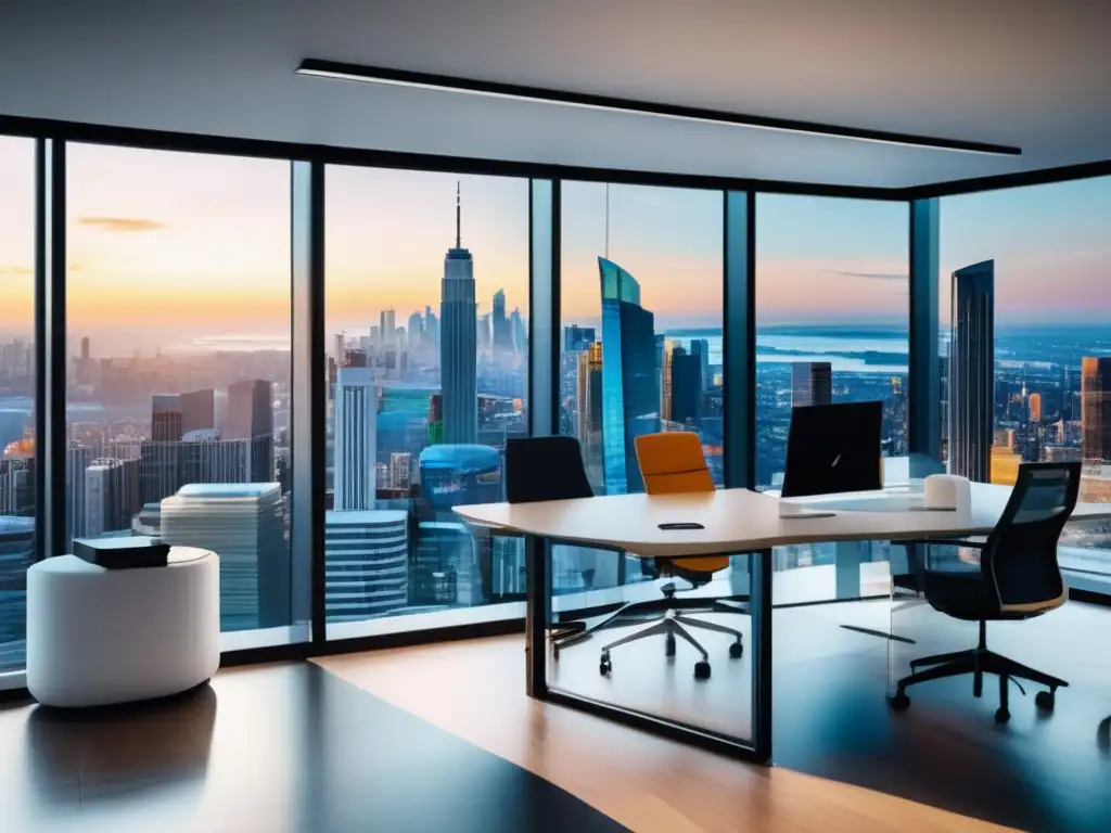 Oficina moderna con vista panorámica Oficina moderna con vista panorámica de la ciudad, muebles contemporáneos, inversor profesional y lecciones de inversión financiera