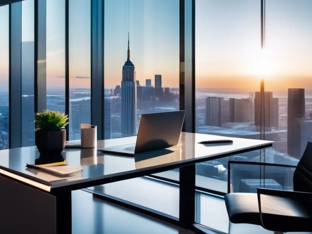 Oficina moderna y elegante con vista panorámica de la ciudad Oficina moderna con vista panorámica de la ciudad y escritorio elegante con libros financieros, laptop y café