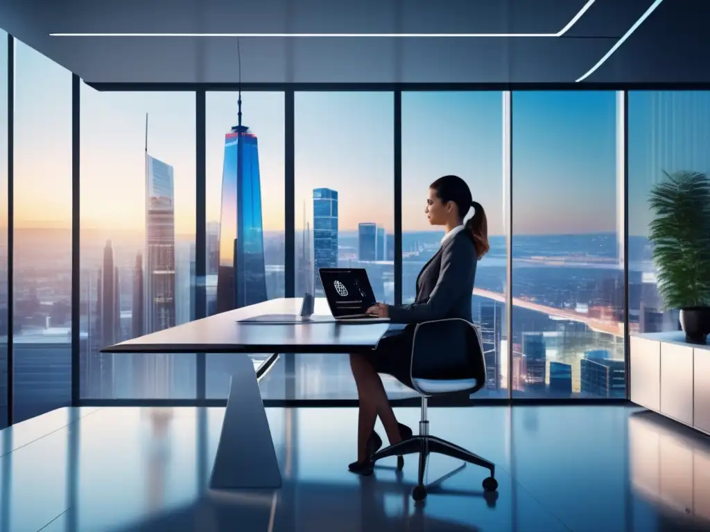 Oficina moderna con vista panorámica Oficina moderna con vista panorámica, muebles contemporáneos y una mujer profesional en traje hablando con un grupo diverso