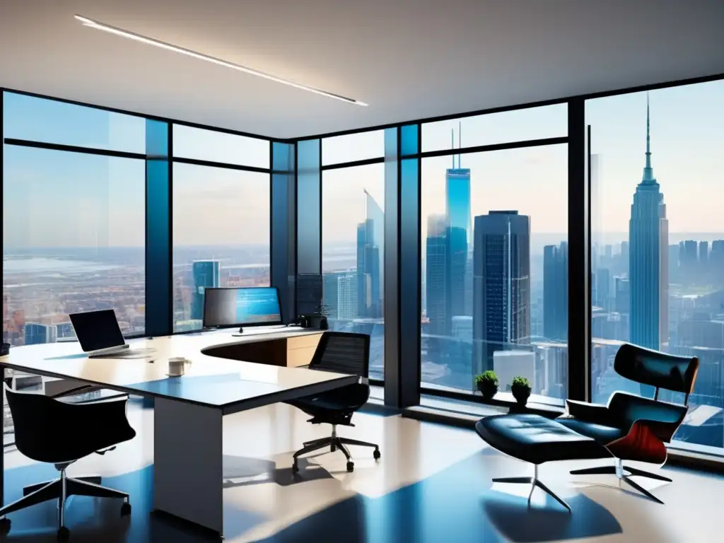 Oficina moderna con vista panorámica Oficina moderna con vista panorámica de la ciudad, muebles contemporáneos, gráfico de crecimiento de inversiones y documentos financieros organizados