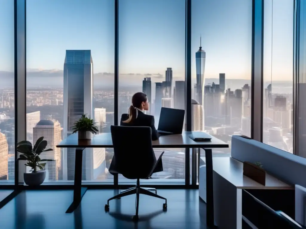 Oficina moderna con vista panorámica y mujer trabajando Oficina moderna con vista panorámica de la ciudad