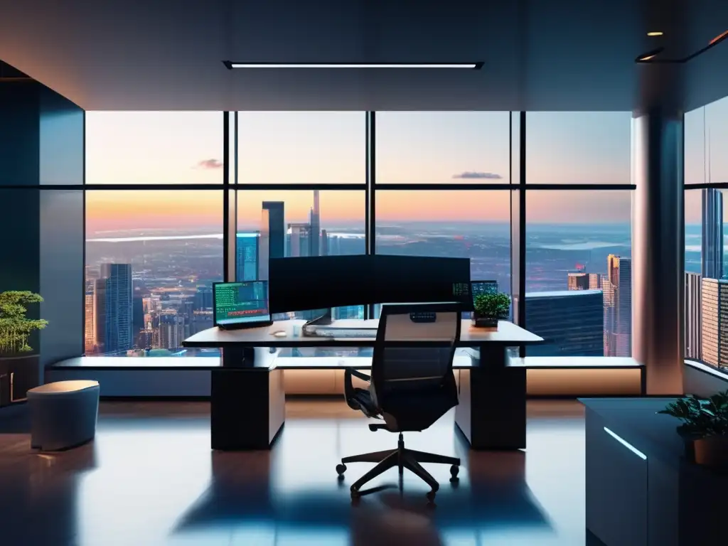 Moderna oficina con vista panorámica y trader Oficina moderna con vista panorámica a la ciudad, escritorio de trading elegante y tecnología avanzada
