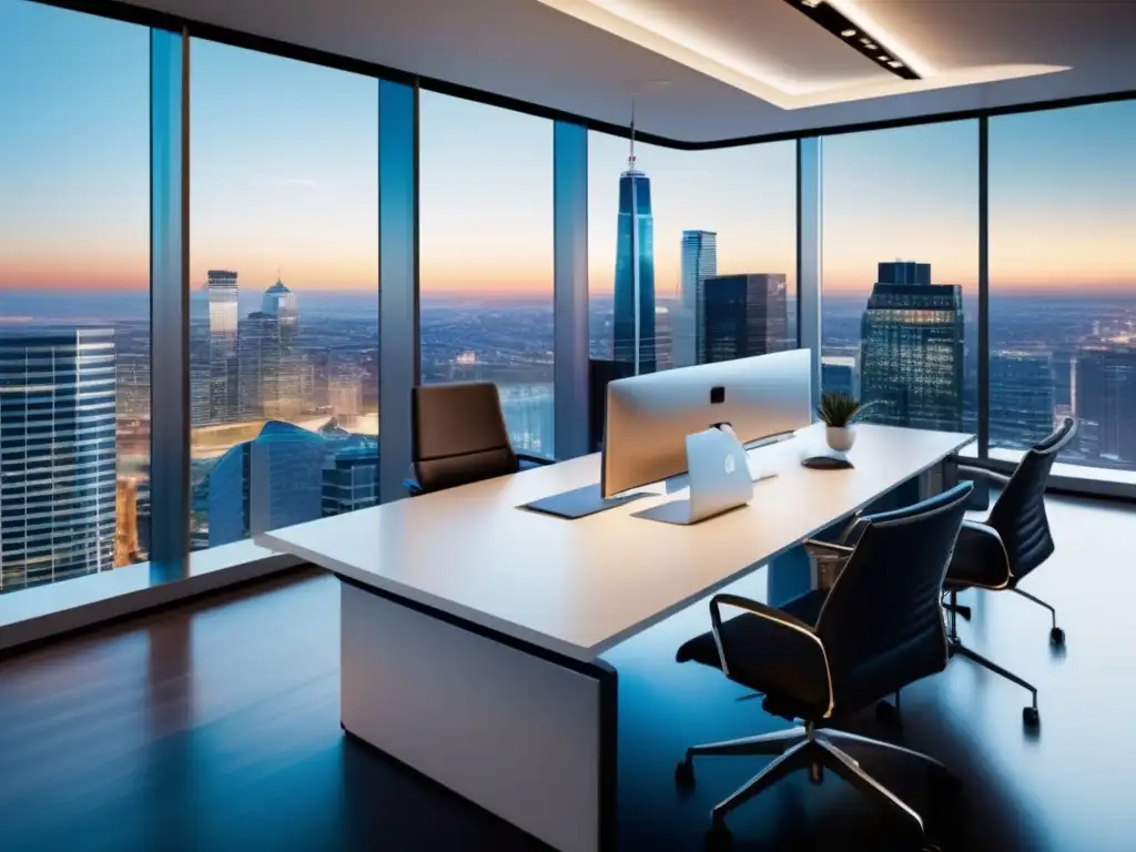 Oficina moderna con vista panorámica y profesionales trabajando Oficina moderna con vista panorámica de la ciudad: Desmitificando ilusiones financieras