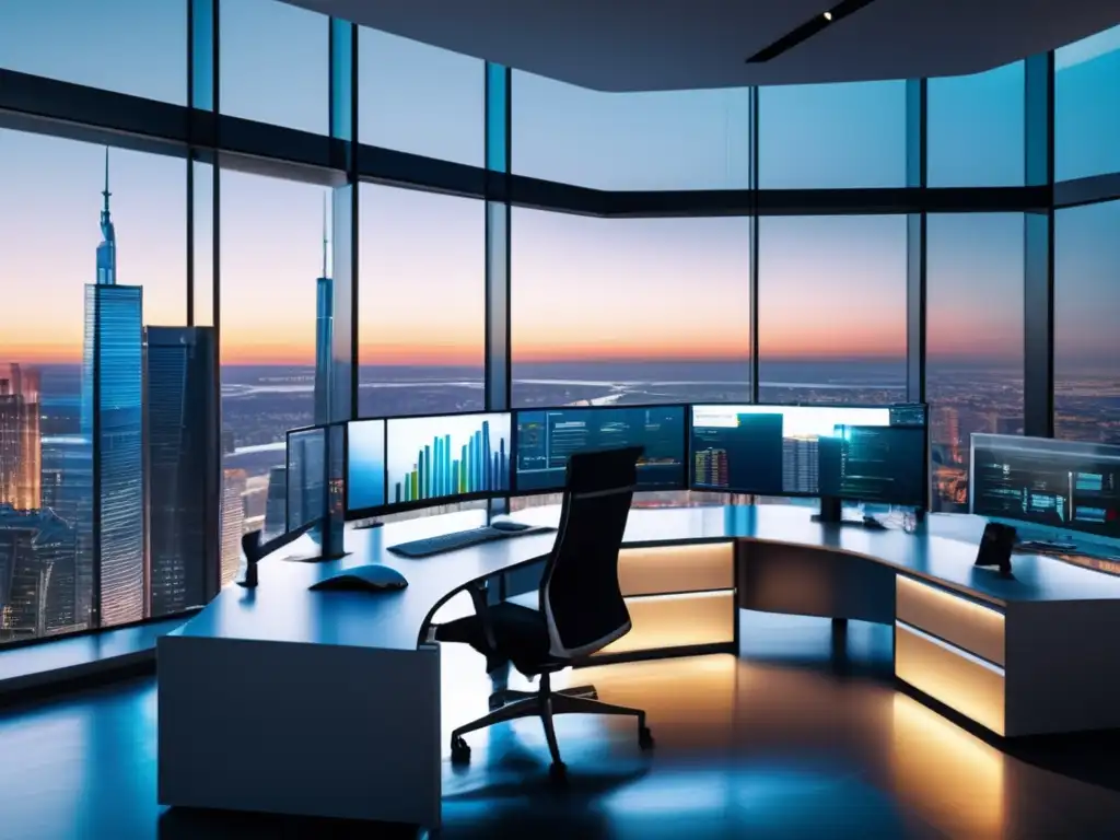 Oficina moderna con trader profesional Oficina moderna con vista panorámica a la ciudad