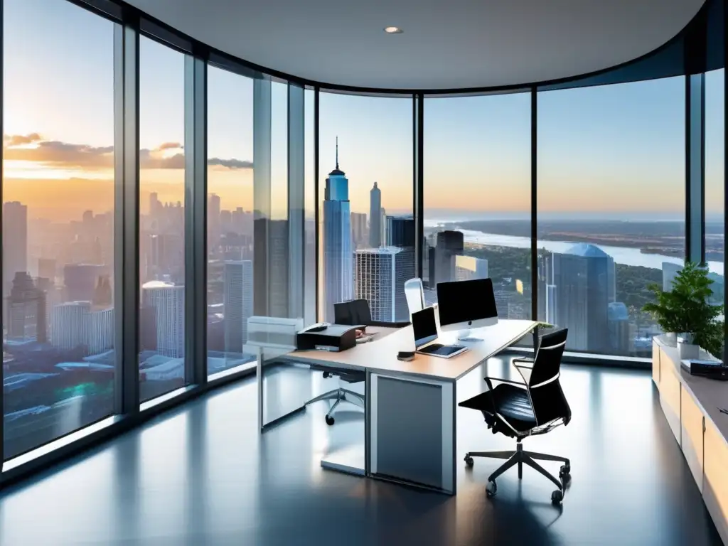 Oficina moderna con vista panorámica Oficina moderna con vista panorámica, muebles minimalistas y estrategias de inversión inmobiliaria segura