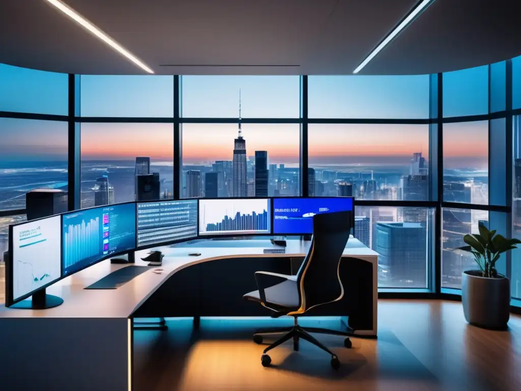 Oficina moderna con vista panorámica de ciudad y trader profesional Oficina moderna con vista panorámica de ciudad, trader profesional en escritorio de trading rodeado de pantallas mostrando datos de mercado