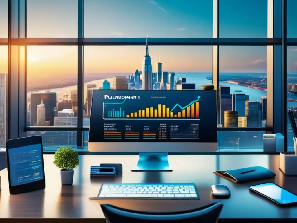 Diversidad financiera: inversión a largo plazo Oficina moderna con vista panorámica a la ciudad, muestra instrumentos financieros y simboliza inversión a largo plazo