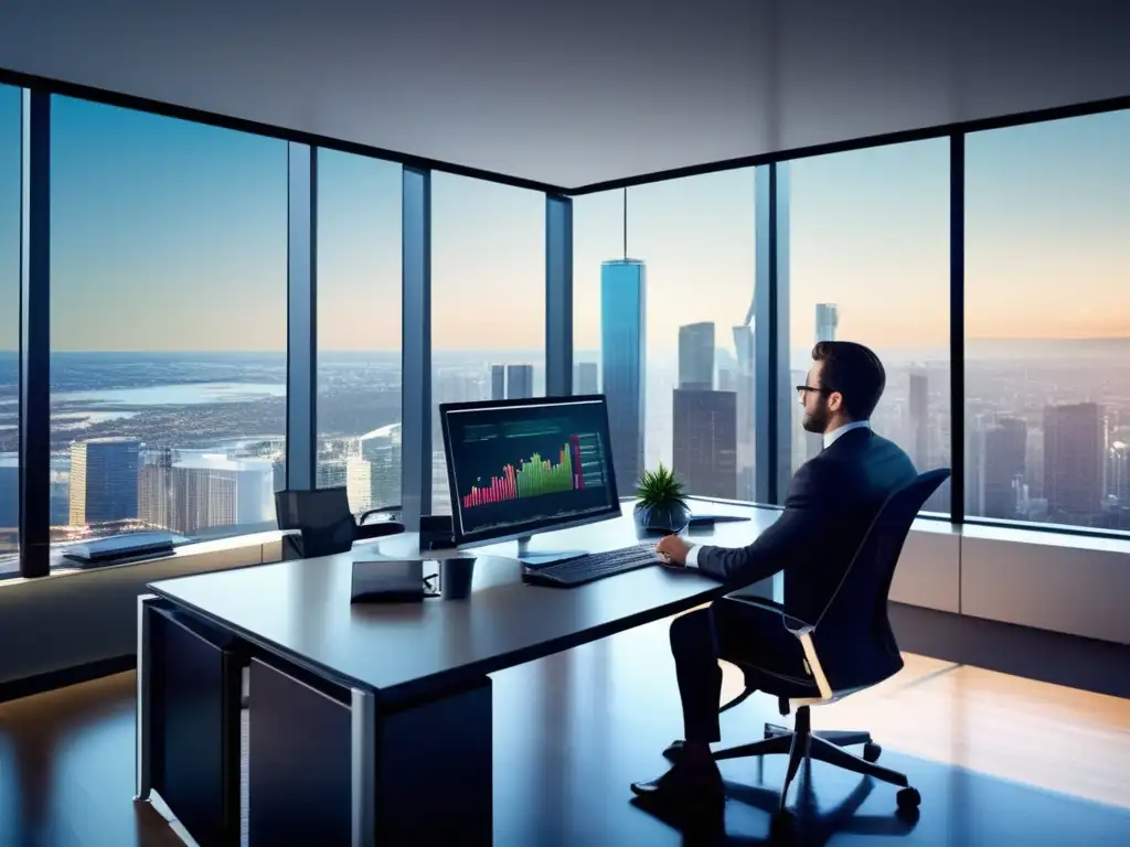 Oficina moderna con vista panorámica de la ciudad Oficina moderna con vista panorámica de la ciudad y asesor financiero analizando inversiones - Minimizar impacto fiscal ganancias acciones