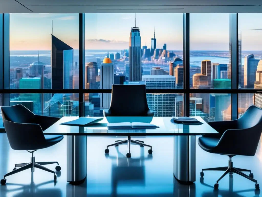 Oficina moderna con vista panorámica Oficina moderna con vista panorámica a la ciudad, profesionales analizando datos en dispositivos - Inversiones en commodities y planificación fiscal