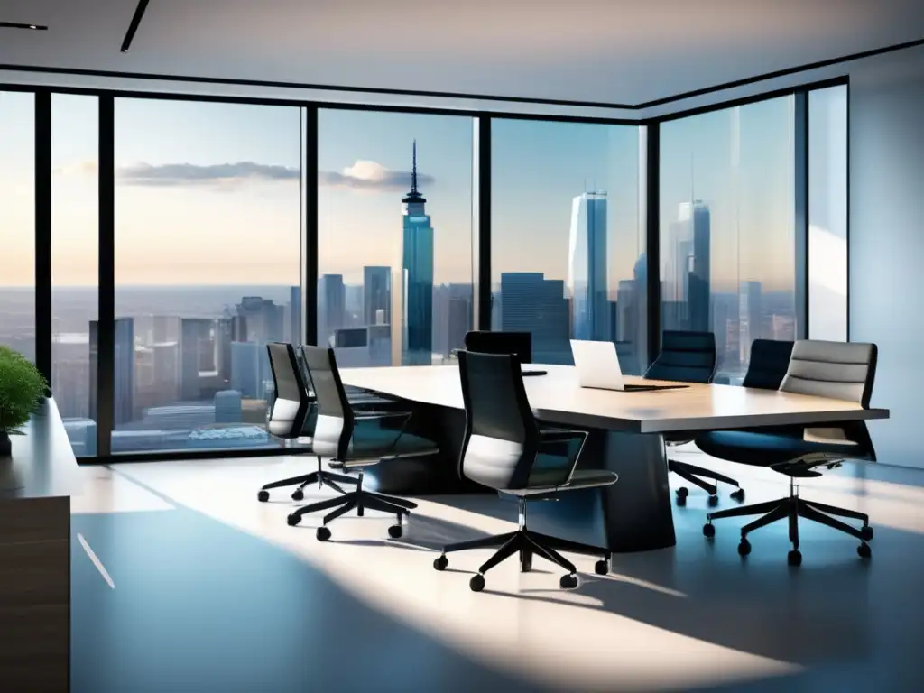 Oficina moderna con vistas a la ciudad Oficina moderna con vista panorámica a la ciudad y mobiliario minimalista