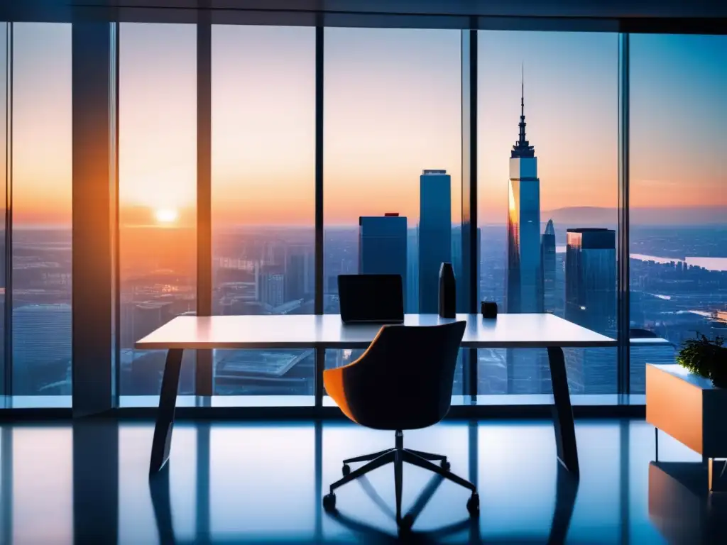 Oficina moderna con vista panorámica a la ciudad al atardecer Oficina moderna con vista panorámica de la ciudad al atardecer