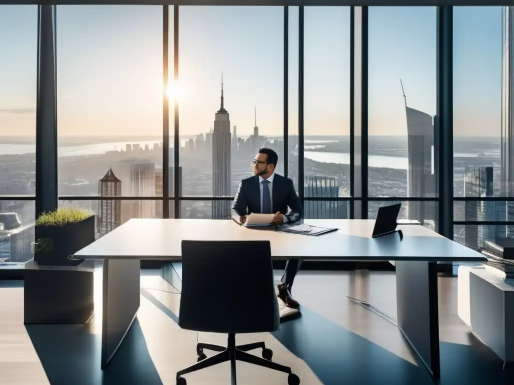 Oficina moderna con inversor enfocado Oficina moderna con vista panorámica de la ciudad