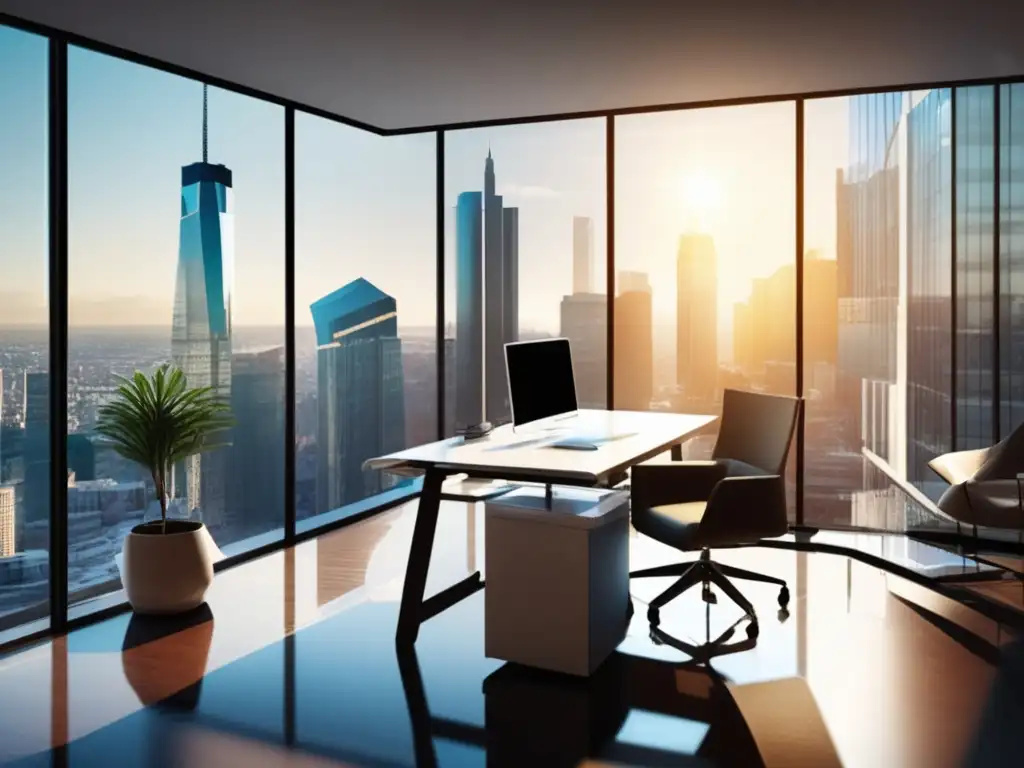 Oficina moderna con vista a la ciudad y mobiliario contemporáneo Oficina moderna con vista panorámica de la ciudad y muebles contemporáneos