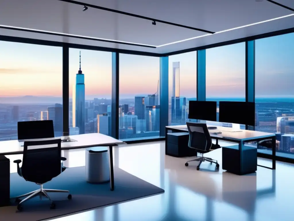 Oficina moderna con vista panorámica de la ciudad Oficina moderna con vista panorámica de la ciudad y plataforma de roboadvisors