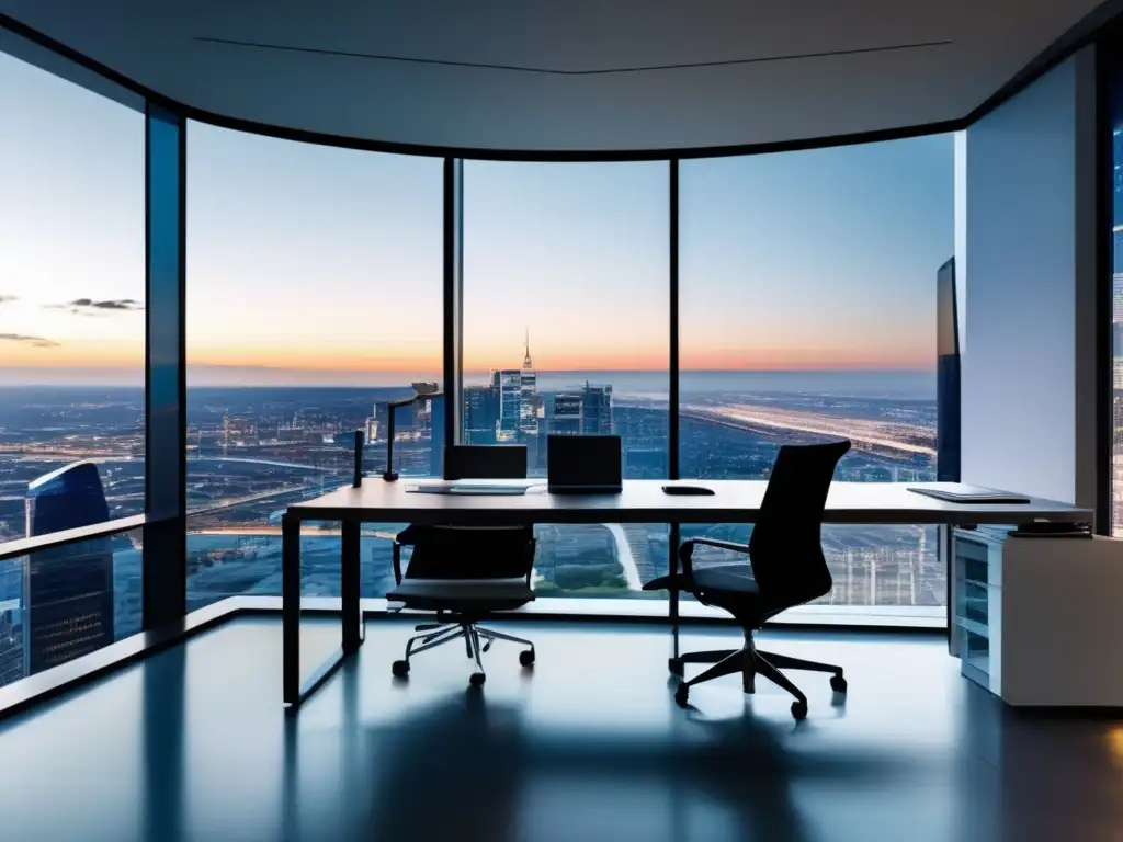 Oficina moderna con vista panorámica y escritorio de cristal Oficina moderna con vista panorámica a la ciudad y muebles minimalistas