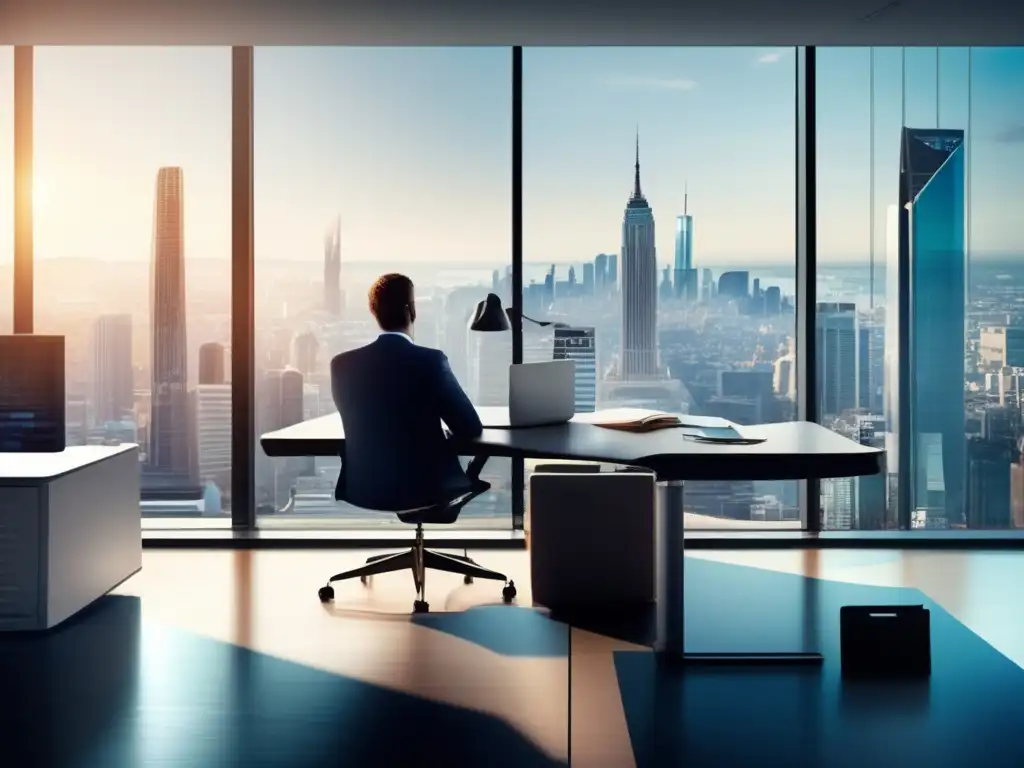 Oficina moderna con vista panorámica Oficina moderna con vista panorámica de la ciudad y ventajas fiscales de los seguros de vida