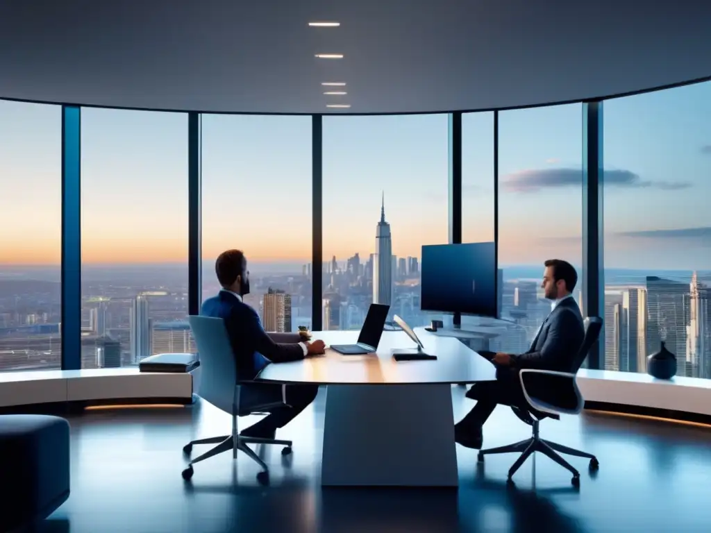 Moderna oficina con vista panorámica de la ciudad Oficina moderna con vista panorámica de la ciudad y asesor financiero en consulta - Reforma fiscal inversiones