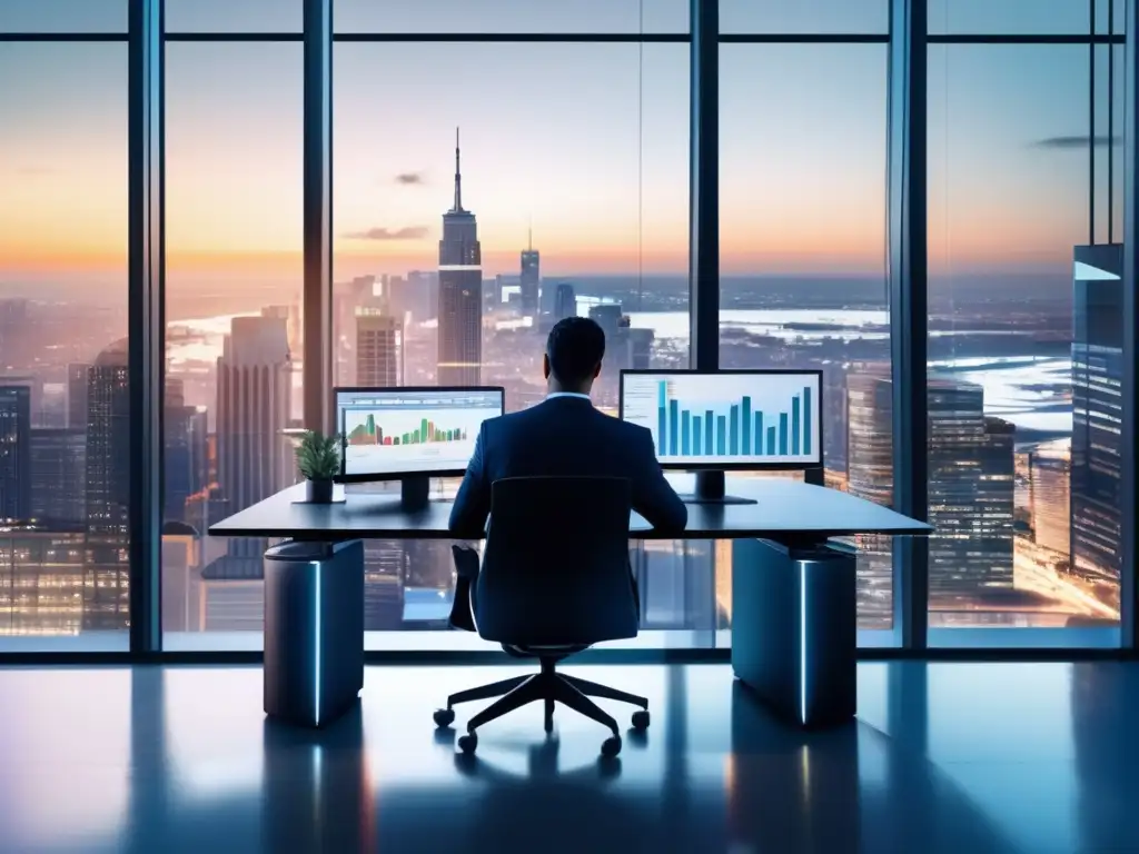 Oficina moderna con vista panorámica de la ciudad Oficina moderna con vista panorámica de ciudad y gráficos financieros en la laptop