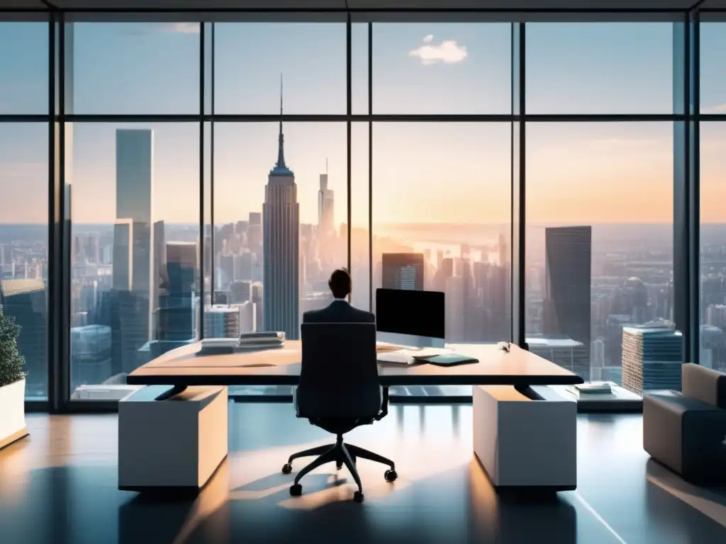 Oficina moderna con vista panorámica Oficina moderna con vista panorámica de la ciudad y persona estudiando informes financieros