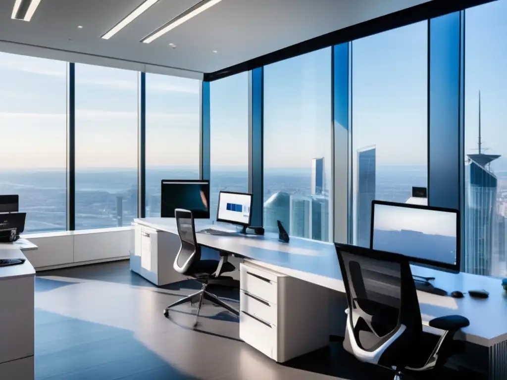 Oficina moderna y colaborativa con vista panorámica de la ciudad Oficina moderna con vista panorámica de la ciudad - Invertir Bolsa Valores Perú Guía Principiantes