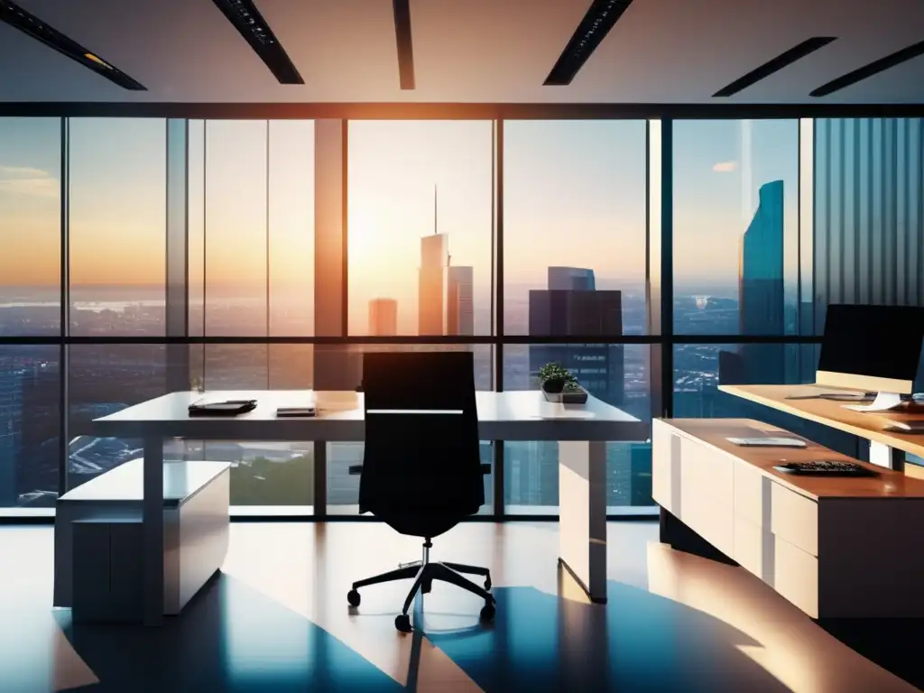 Oficina moderna con vista panorámica y ambiente profesional Oficina moderna con vista panorámica a la ciudad, muebles minimalistas y tecnología avanzada