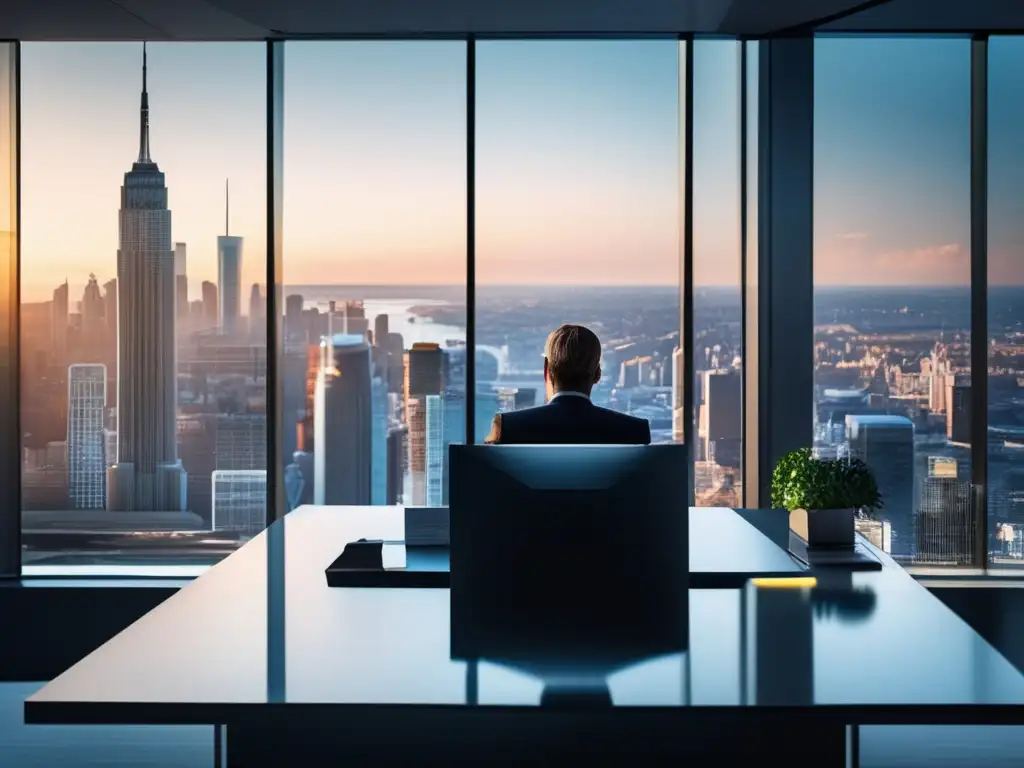 Oficina moderna con vista panorámica de la ciudad Oficina moderna con vista panorámica de ciudad, muebles minimalistas, tecnología avanzada y persona revisando documentos financieros