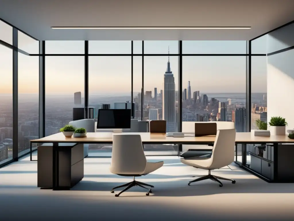 Oficina moderna con profesionales colaborando Oficina moderna con vista panorámica, muebles minimalistas y profesionales discutiendo ideas y analizando datos en pantallas de alta definición