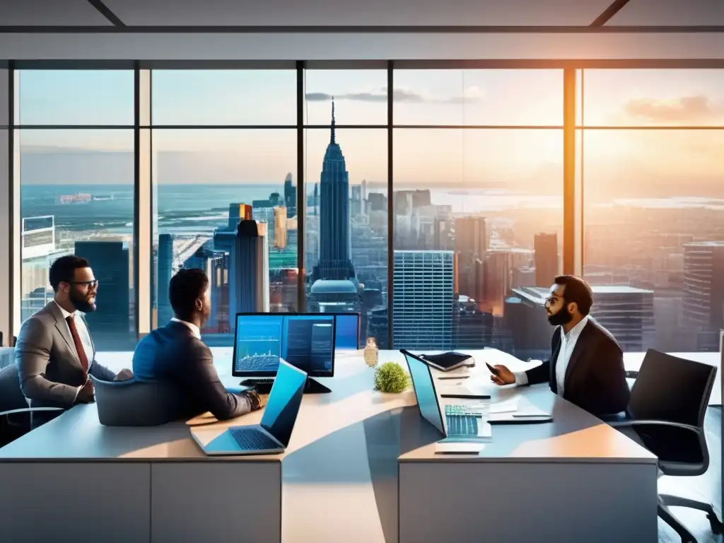 Oficina moderna con vista panorámica de la ciudad Oficina moderna con vista panorámica a la ciudad mientras profesionales analizan estrategias fiscales en fondos mutuos