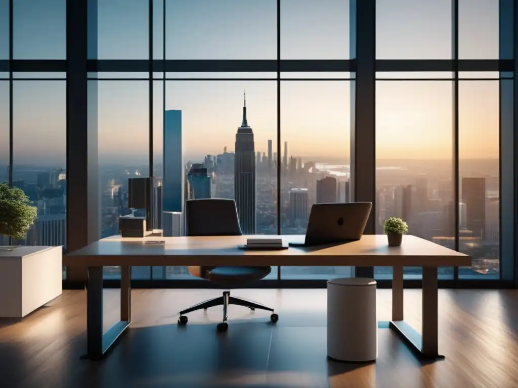 Oficina moderna con vista a la ciudad y elementos de negocios Oficina moderna con vista panorámica y muebles minimalistas