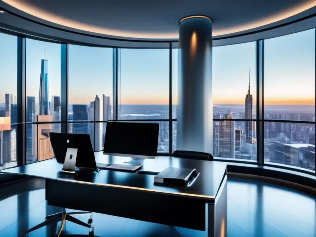 Oficina moderna con vista panorámica de la ciudad Oficina moderna con vista panorámica de la ciudad a través de ventanas de piso a techo