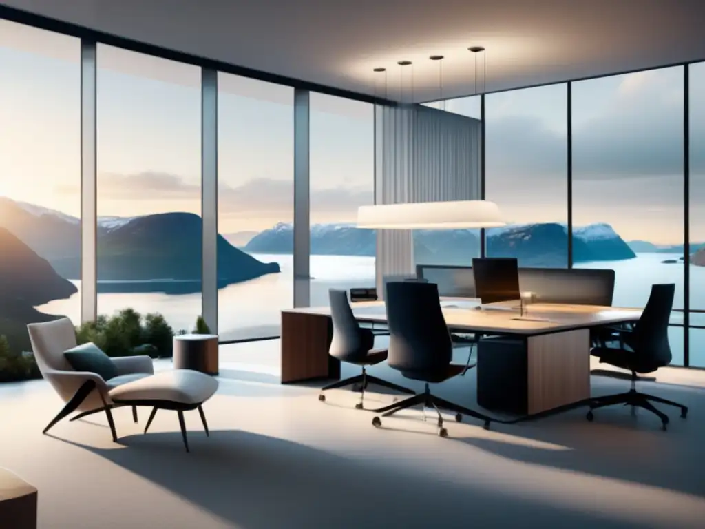 Oficina moderna en Noruega con vista panorámica al fiordo Oficina moderna en Noruega con vista panorámica a un fiordo