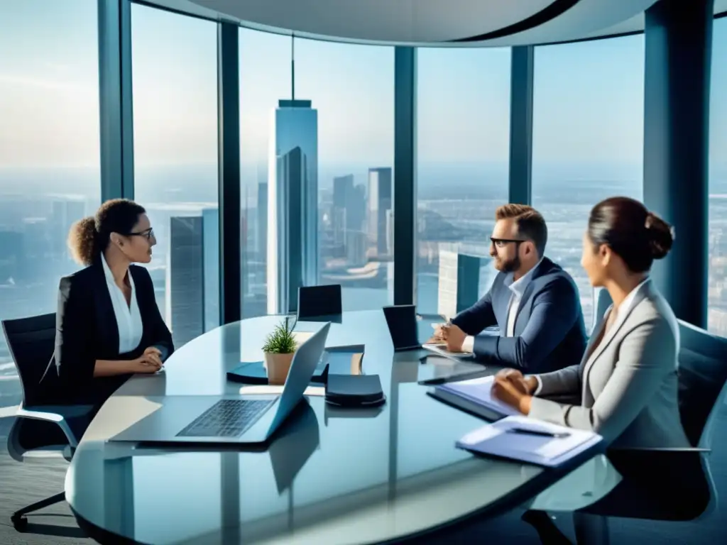 Oficina moderna con vista panorámica de la ciudad y astutos inversores Oficina moderna con vista panorámica a la ciudad, inversionistas astutos discuten estrategias fiscales