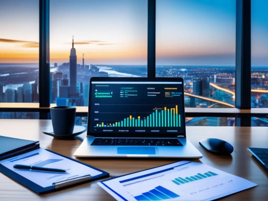 Oficina moderna y elegante con inversiones en criptomonedas Oficina moderna con vista panorámica de ciudad