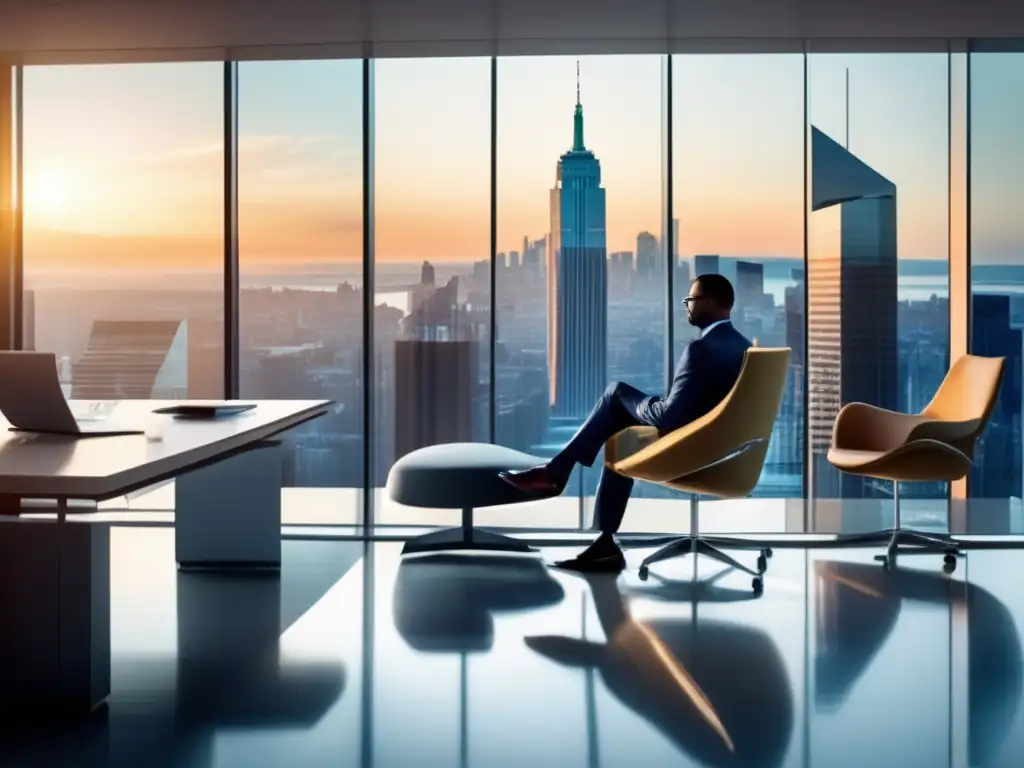 Oficina moderna con vista panorámica de ciudad Oficina moderna con vista panorámica de ciudad y estrategias de fiscalidad en fondos mutuos